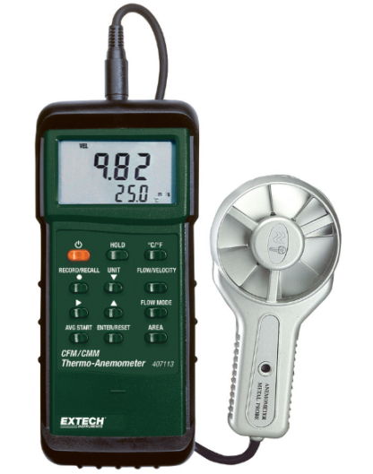 Anemómetro Extech 407113, paleta, CFM, temperatura d e hasta 175 °F, flujo de aire de hasta 6890 pies-min, servicio pesado