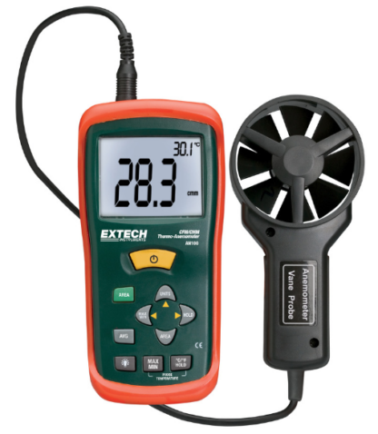 Anemómetro Extech AN100, CFM-CMM, Flujo de aire-temperatura, Compacto, Pantalla grande, Fácil de configurar, con estuche